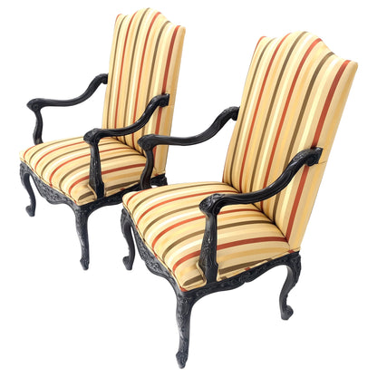 Pair of Carved Mahogany Striped Silk Upholstery Fireside Arm Lounge Chairs MINT!