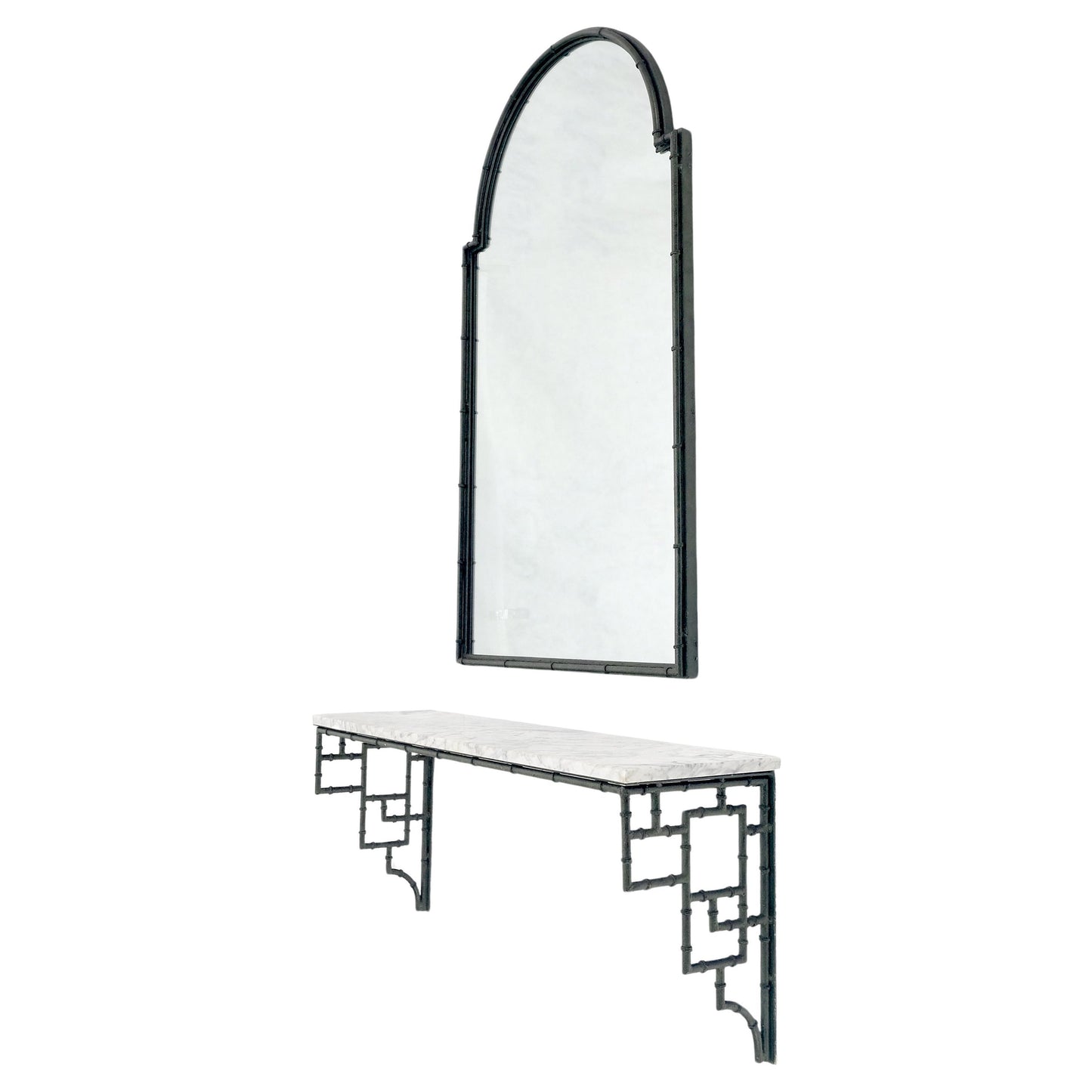 Faux Bamboo White Marble Top Hanging Wall Console Table Dome Top Mirror Set MINT