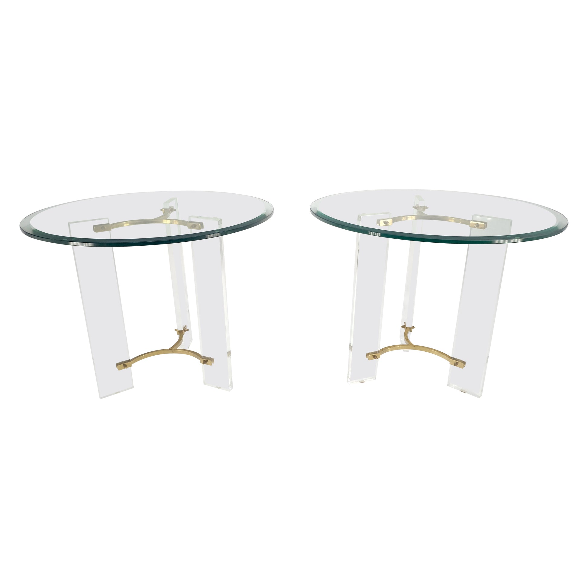 Pair of Glass Top Lucite & Brass Bases End Side Occasional Tables Stands MINT!