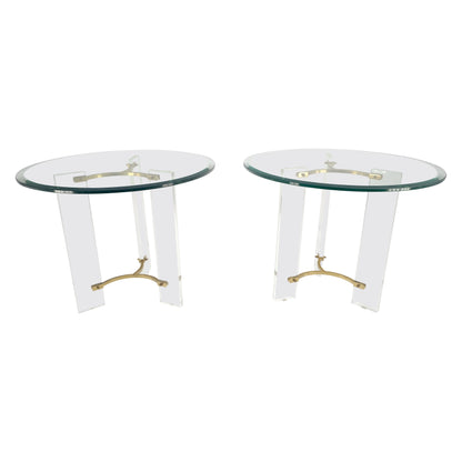 Pair of Glass Top Lucite & Brass Bases End Side Occasional Tables Stands MINT!