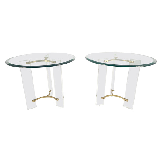 Pair of Glass Top Lucite & Brass Bases End Side Occasional Tables Stands MINT!