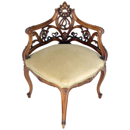 Carved Walnut Art Nouveau French Corner Chair