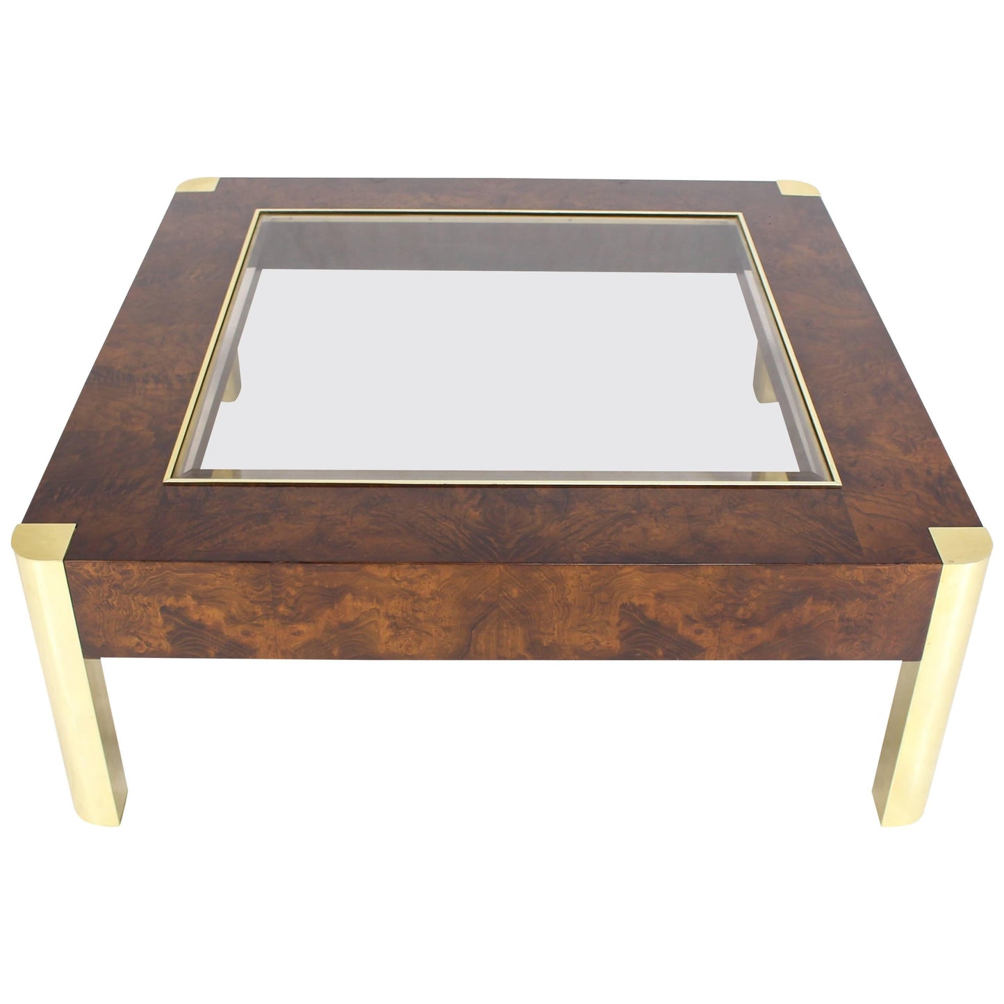 Burl Wood Brass Glass Top Square Coffee Table