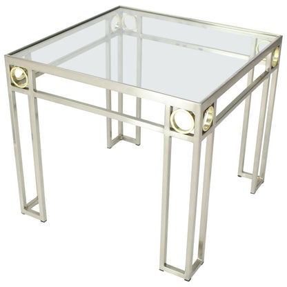 Square Brass Rings Chrome Frame Shape Base Glass Top Side Table