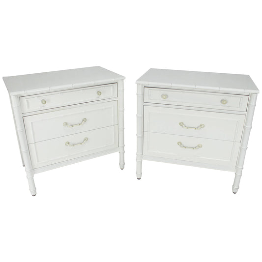 Pair of White Lacquer Faux Bamboo Large Nightstands Three-Drawer Bachelor Chests