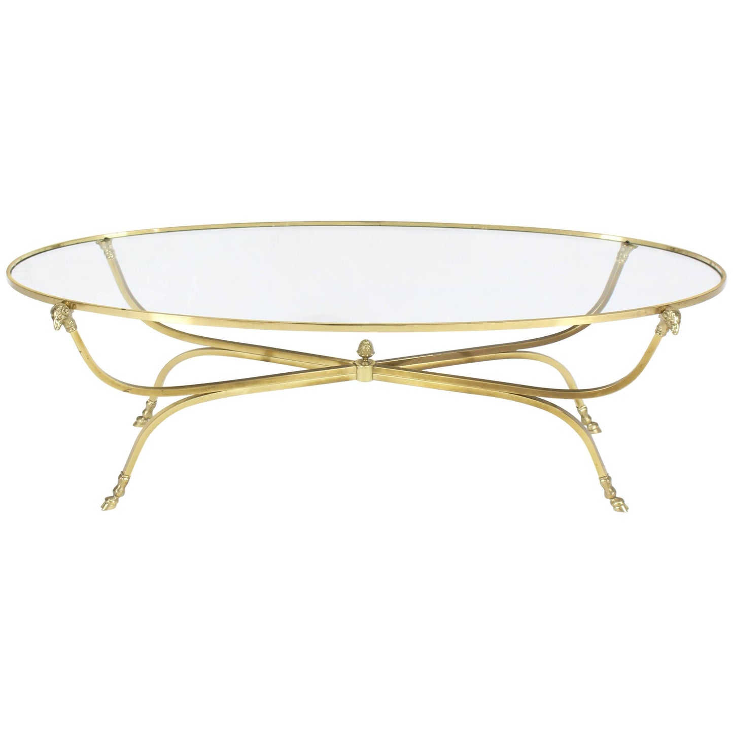 Large Oval Polished Brass Glass Top Coffee Table on Hoof Foot