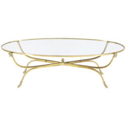 Large Oval Polished Brass Glass Top Coffee Table on Hoof Foot