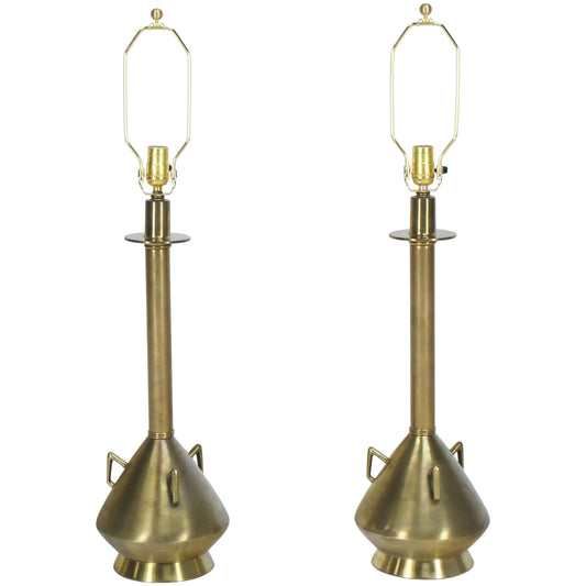 Pair of Brass Finish Metal Jug Shape Mid-Century Modern Table Lamps