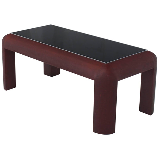 Cloth Wrapped Burgundy Finish Black Glass Chrome Bezel Rectangle Coffee Table