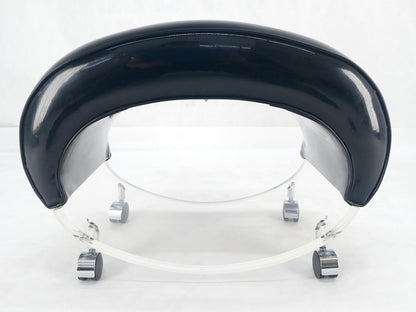 Futuristic Black Patent Leather Upholstery Oval Lucite Base Bench on Wheel MINT