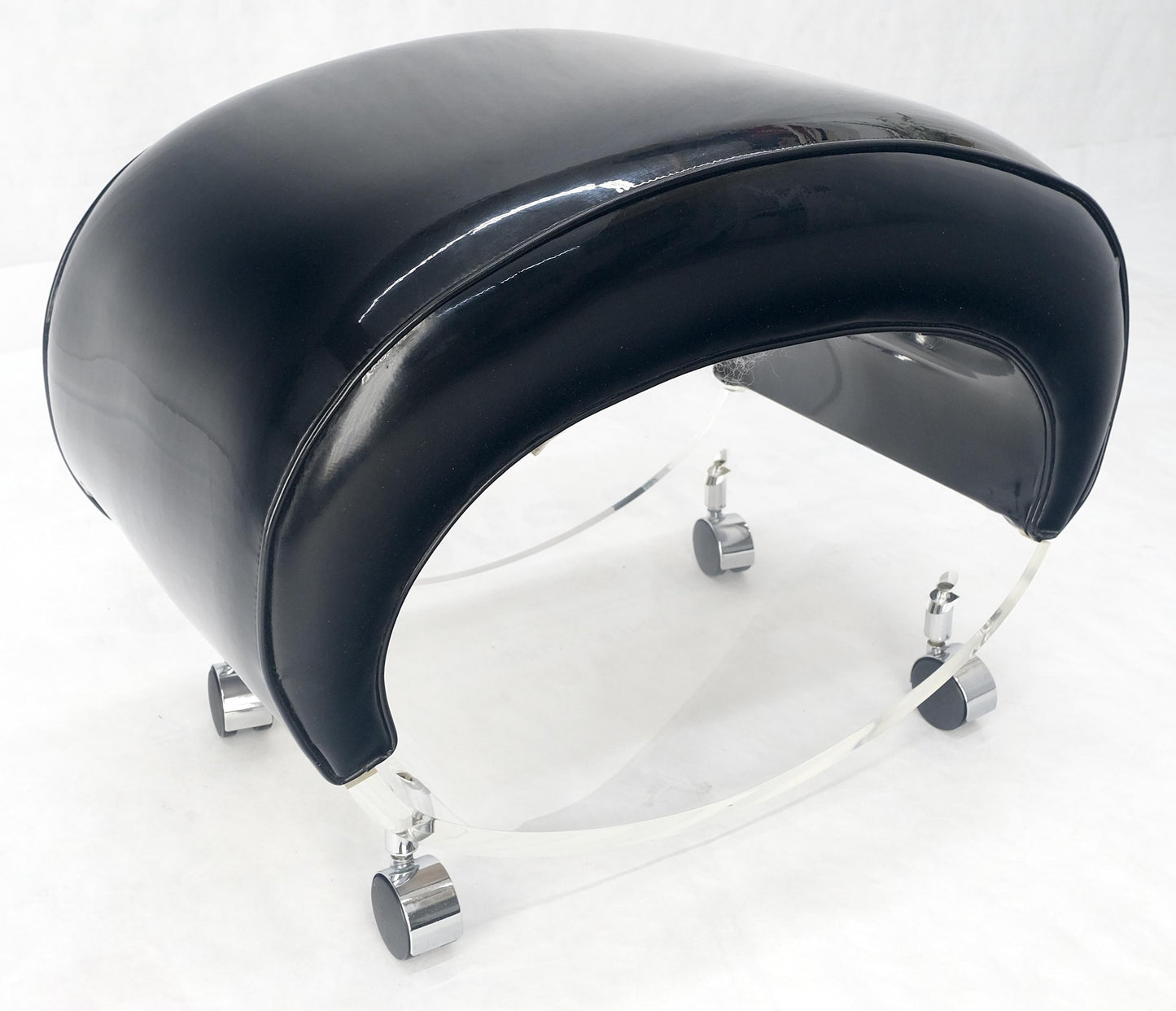 Futuristic Black Patent Leather Upholstery Oval Lucite Base Bench on Wheel MINT