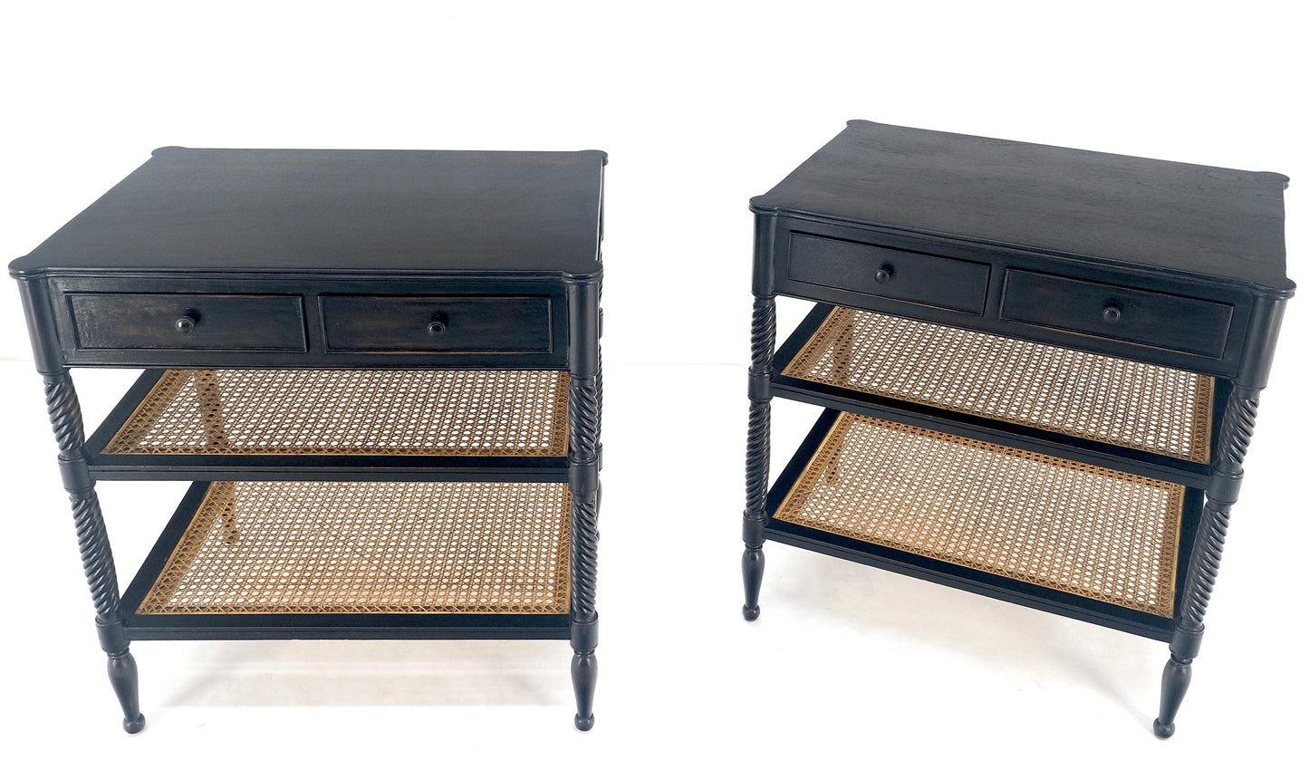 Large Ebonized Two Drawer 3 Tier Cane Shelf Carved Twisted Rope Legs End Table