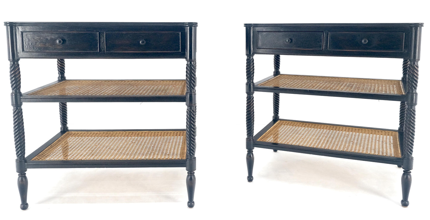 Large Ebonized Two Drawer 3 Tier Cane Shelf Carved Twisted Rope Legs End Table