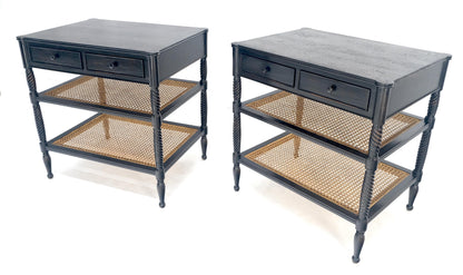 Large Ebonized Two Drawer 3 Tier Cane Shelf Carved Twisted Rope Legs End Table