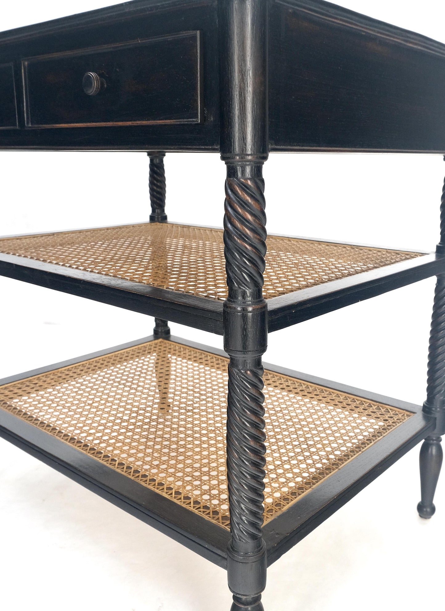 Large Ebonized Two Drawer 3 Tier Cane Shelf Carved Twisted Rope Legs End Table