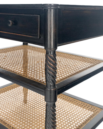 Large Ebonized Two Drawer 3 Tier Cane Shelf Carved Twisted Rope Legs End Table