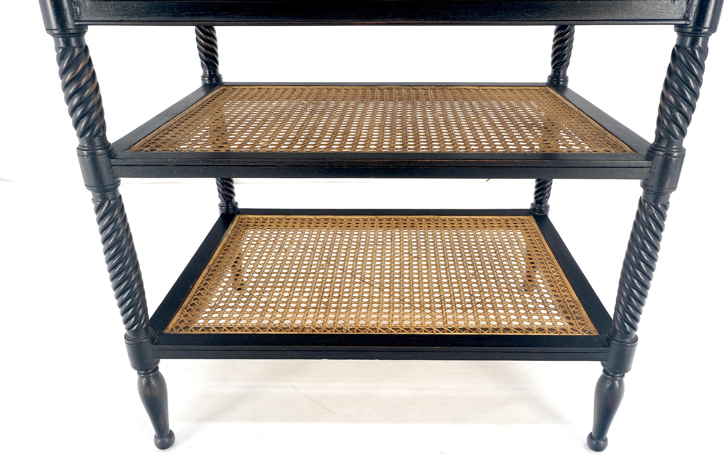 Large Ebonized Two Drawer 3 Tier Cane Shelf Carved Twisted Rope Legs End Table