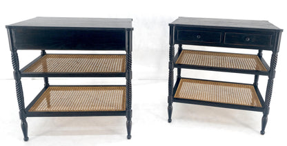 Large Ebonized Two Drawer 3 Tier Cane Shelf Carved Twisted Rope Legs End Table