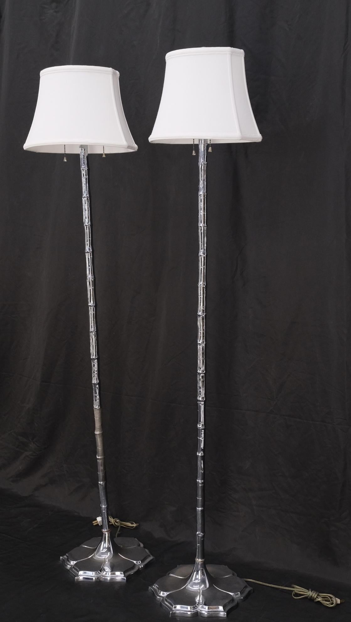 Pair of Cast Lotus Shape Bases Chrome Faux Bamboo Mid-Century Modern Floor Lamps