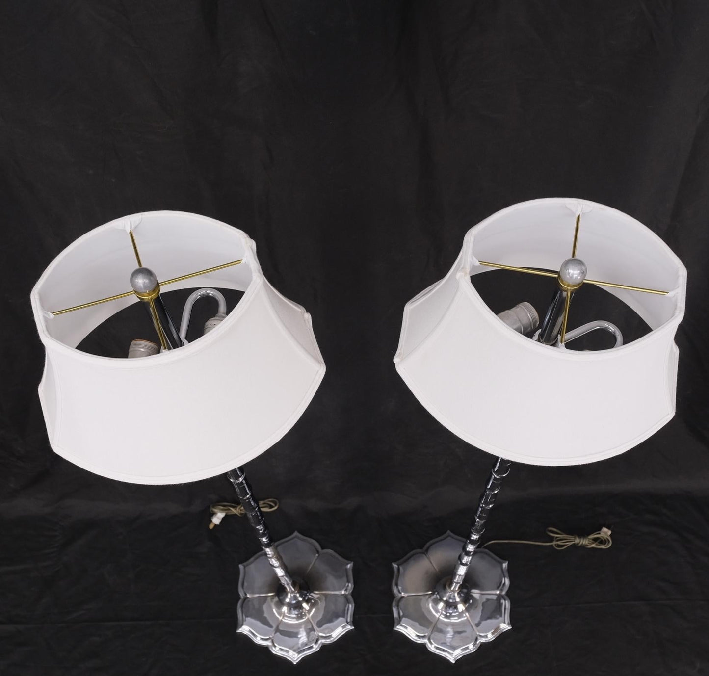 Pair of Cast Lotus Shape Bases Chrome Faux Bamboo Mid-Century Modern Floor Lamps