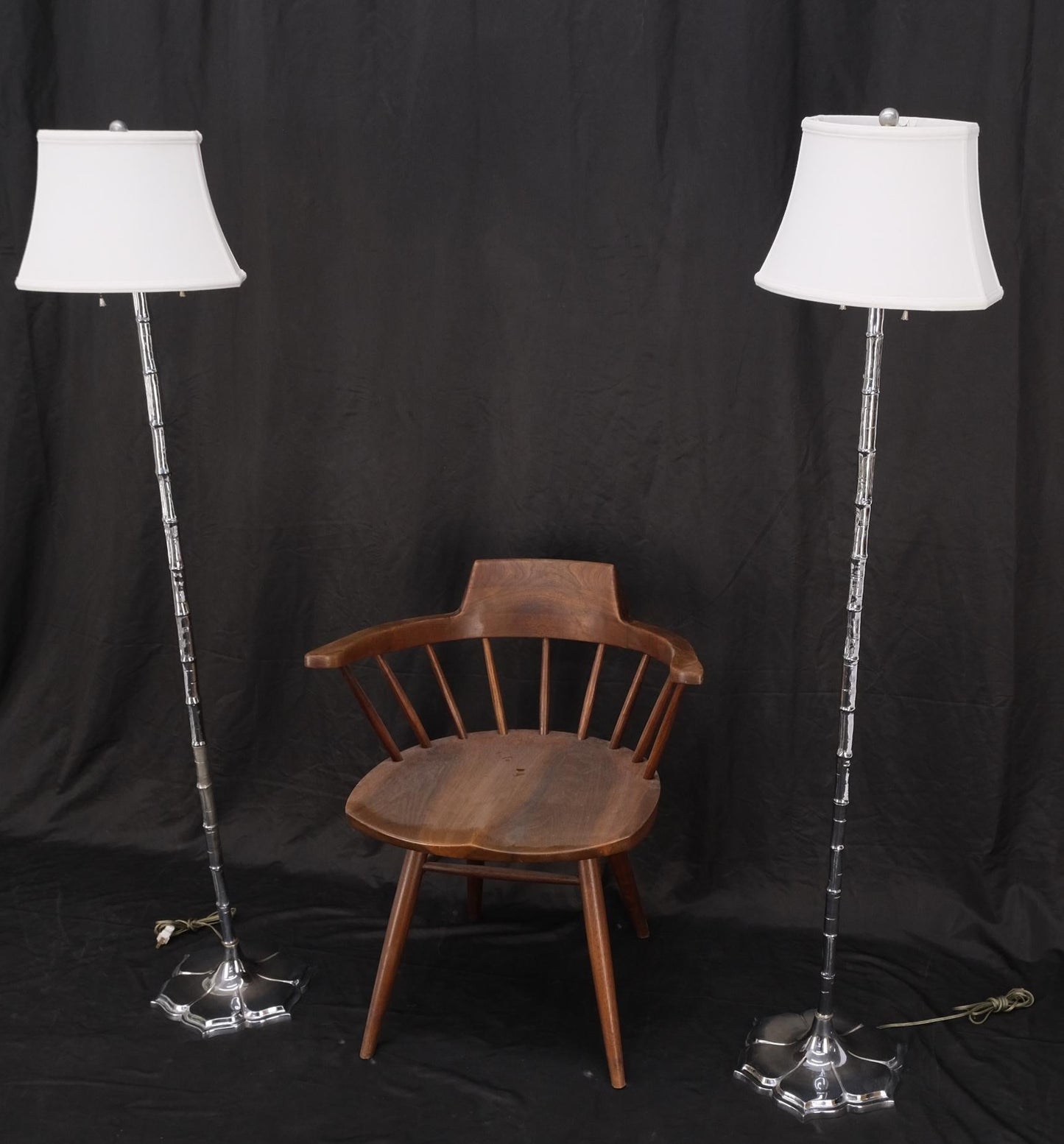 Pair of Cast Lotus Shape Bases Chrome Faux Bamboo Mid-Century Modern Floor Lamps