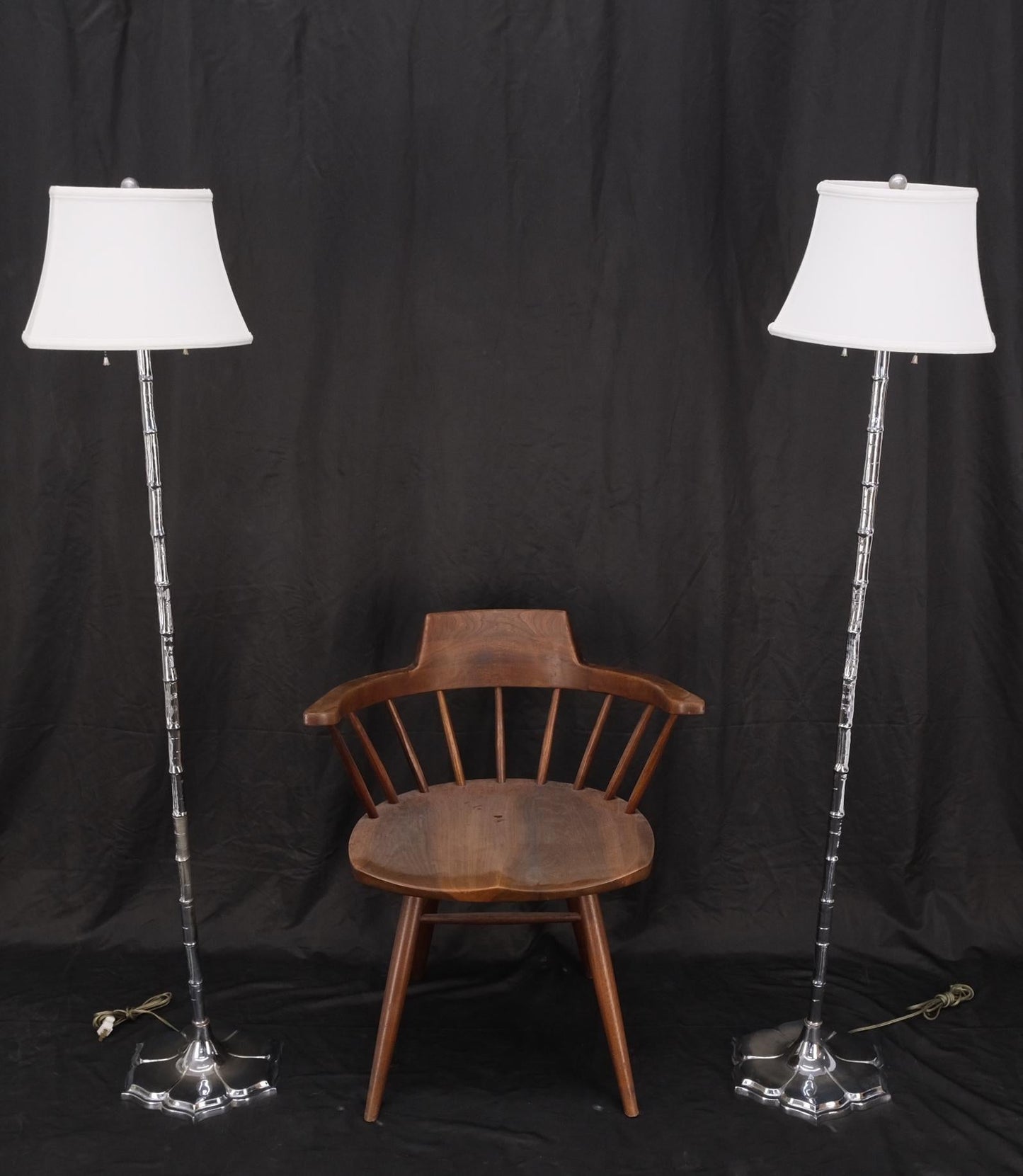 Pair of Cast Lotus Shape Bases Chrome Faux Bamboo Mid-Century Modern Floor Lamps