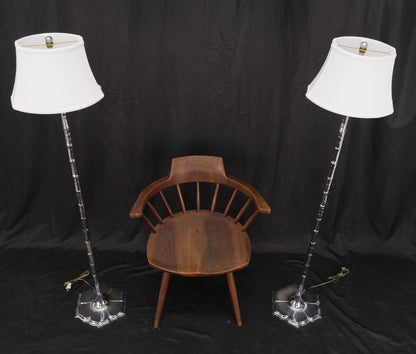 Pair of Cast Lotus Shape Bases Chrome Faux Bamboo Mid-Century Modern Floor Lamps