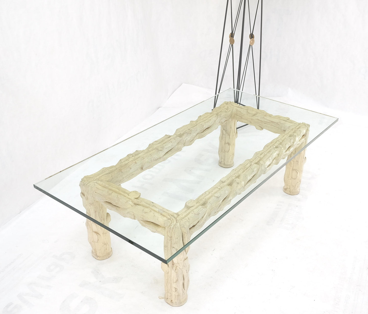 Heavy Carved Twig Motive White Pickled Finish Oak Base Rectangle 3/4" Glass Top