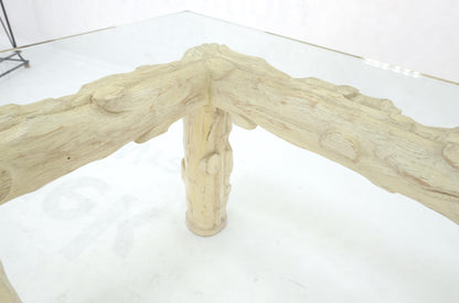 Heavy Carved Twig Motive White Pickled Finish Oak Base Rectangle 3/4" Glass Top