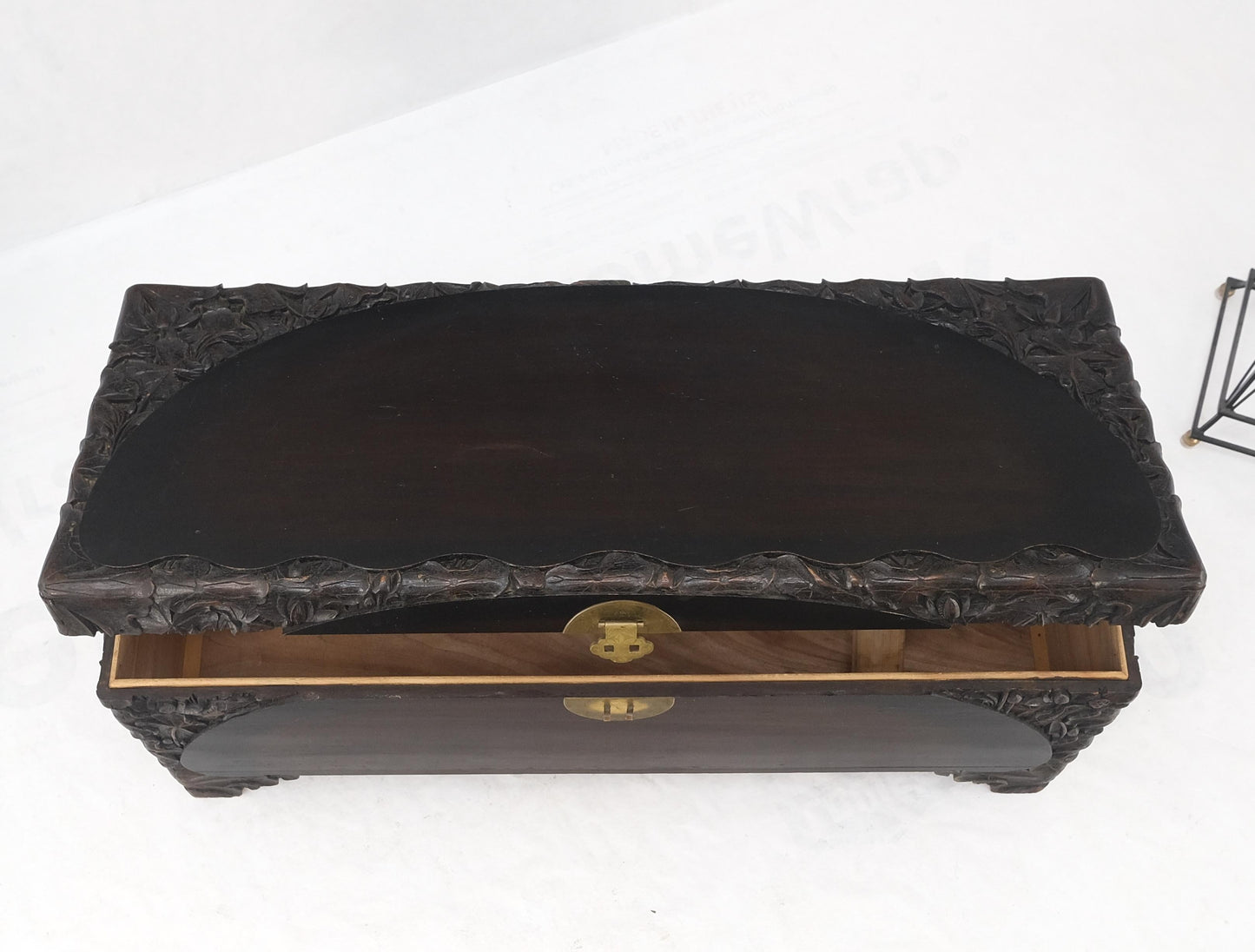 Ebonized Carved Teak Cedar Lined Brass Latch c. 1920s Trunk Hope Chest CLEAN!