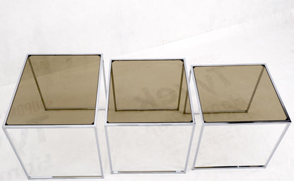 Set of Wide Rectangle Shape Chrome & Smoked Glass Nesting End Side Tables