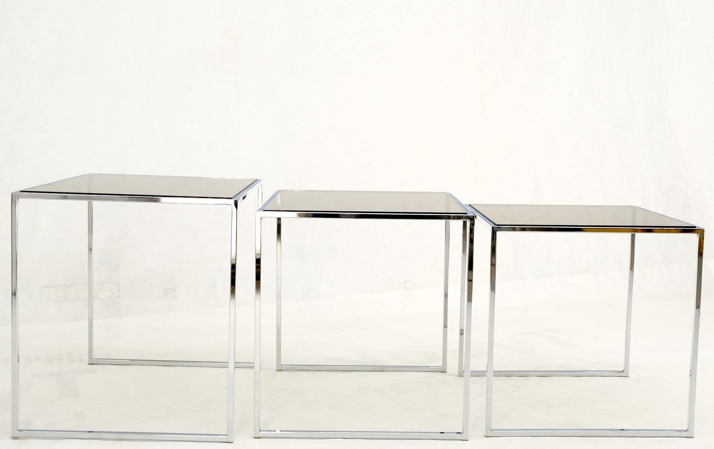 Set of Wide Rectangle Shape Chrome & Smoked Glass Nesting End Side Tables