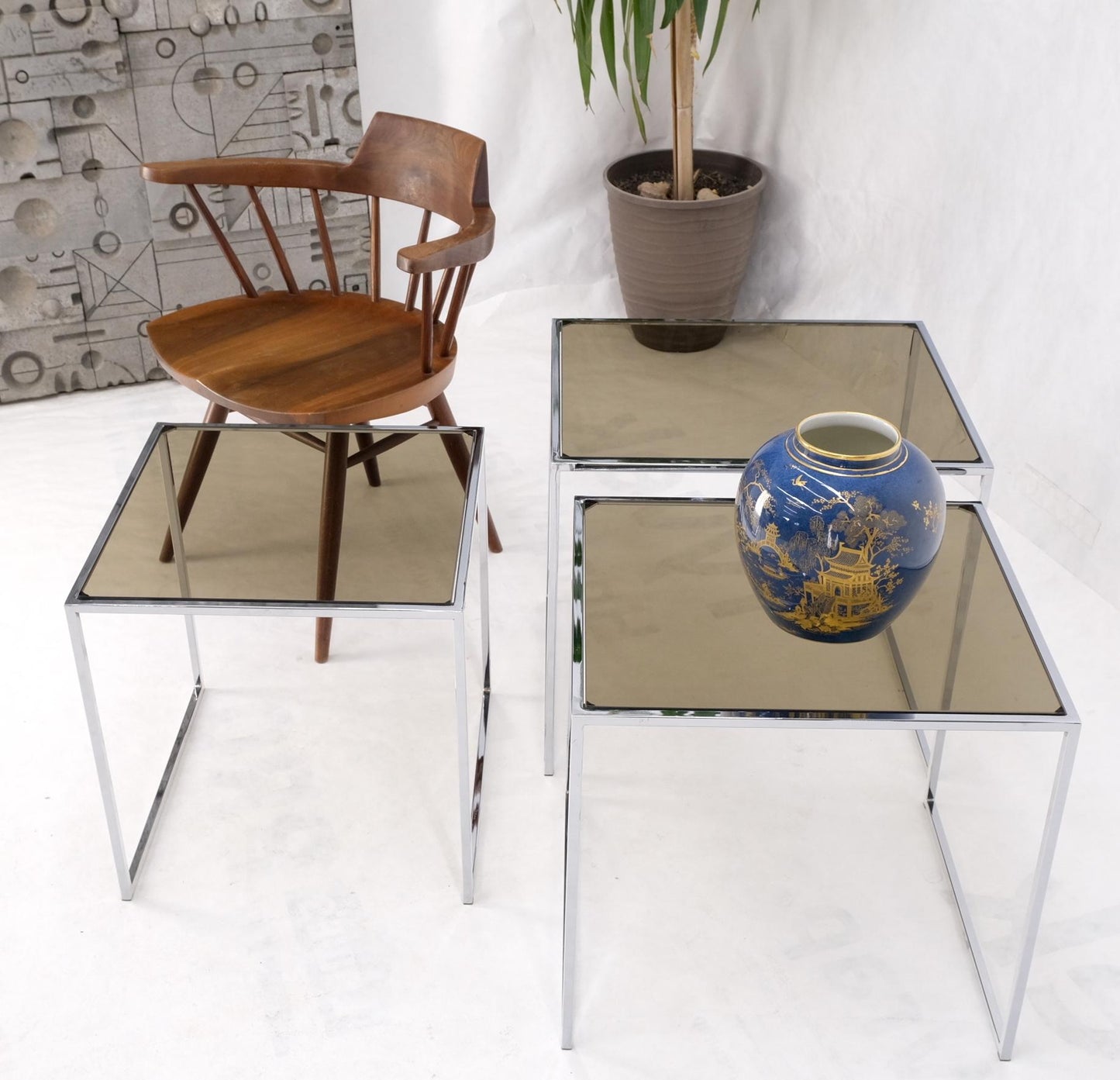 Set of Wide Rectangle Shape Chrome & Smoked Glass Nesting End Side Tables