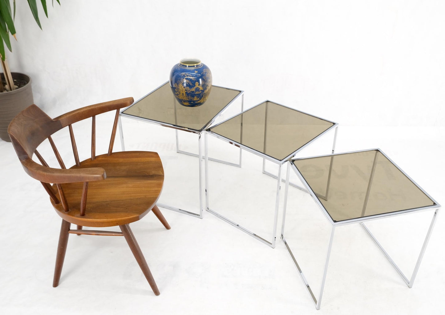 Set of Wide Rectangle Shape Chrome & Smoked Glass Nesting End Side Tables