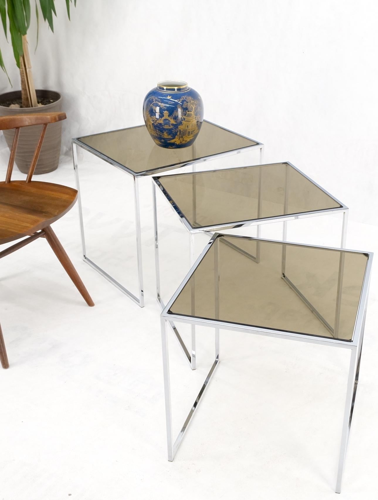 Set of Wide Rectangle Shape Chrome & Smoked Glass Nesting End Side Tables