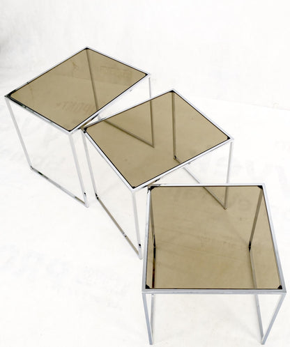 Set of Wide Rectangle Shape Chrome & Smoked Glass Nesting End Side Tables