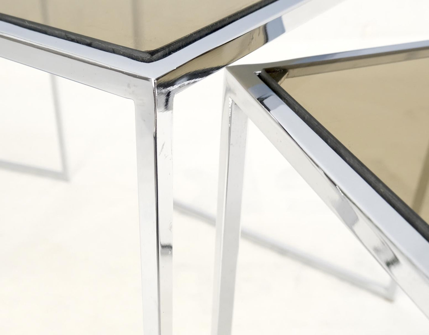 Set of Wide Rectangle Shape Chrome & Smoked Glass Nesting End Side Tables