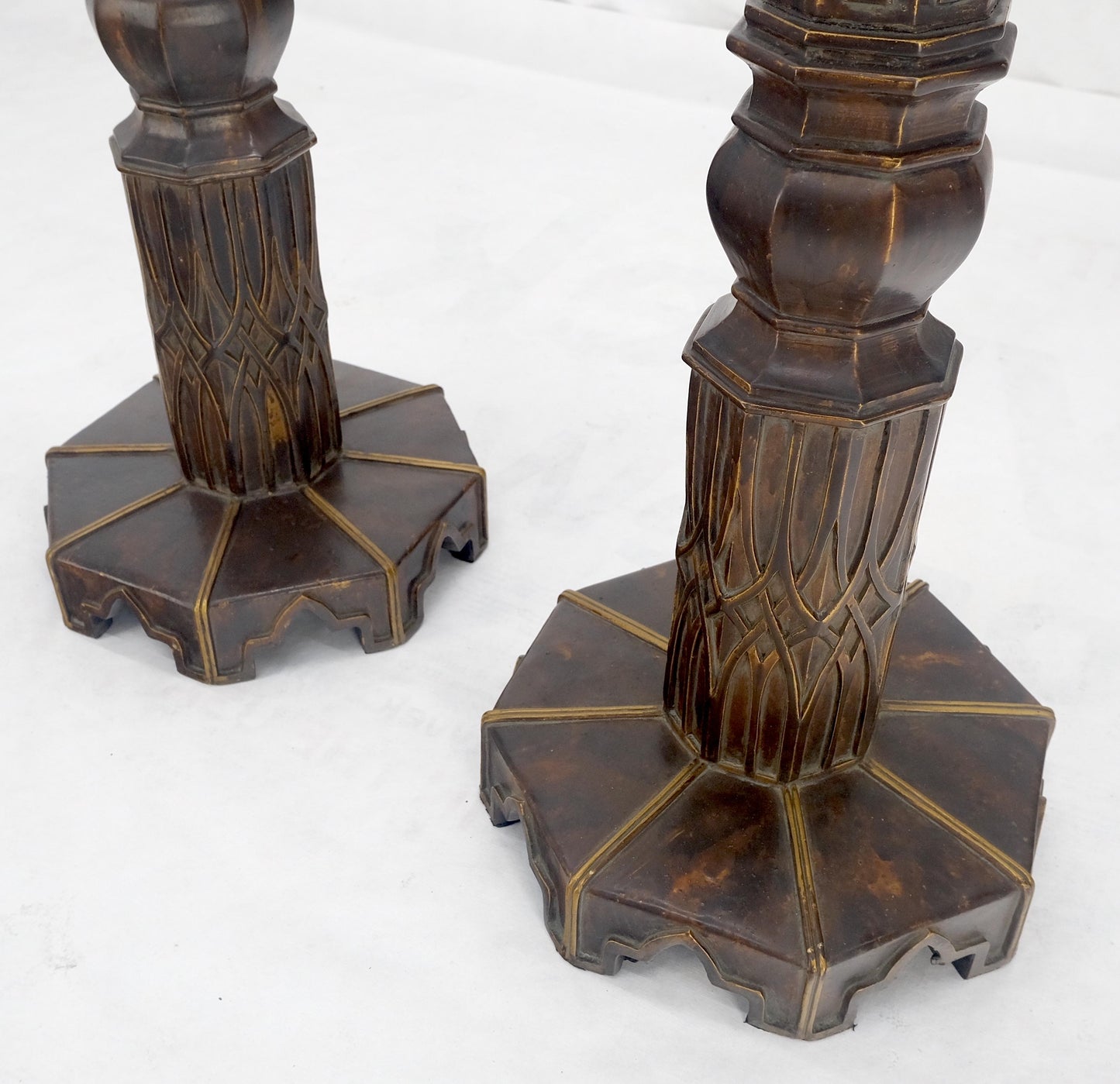 Pair of Large 49" Tall Patinated Copper Art Deco Floor Candlesticks MINT!