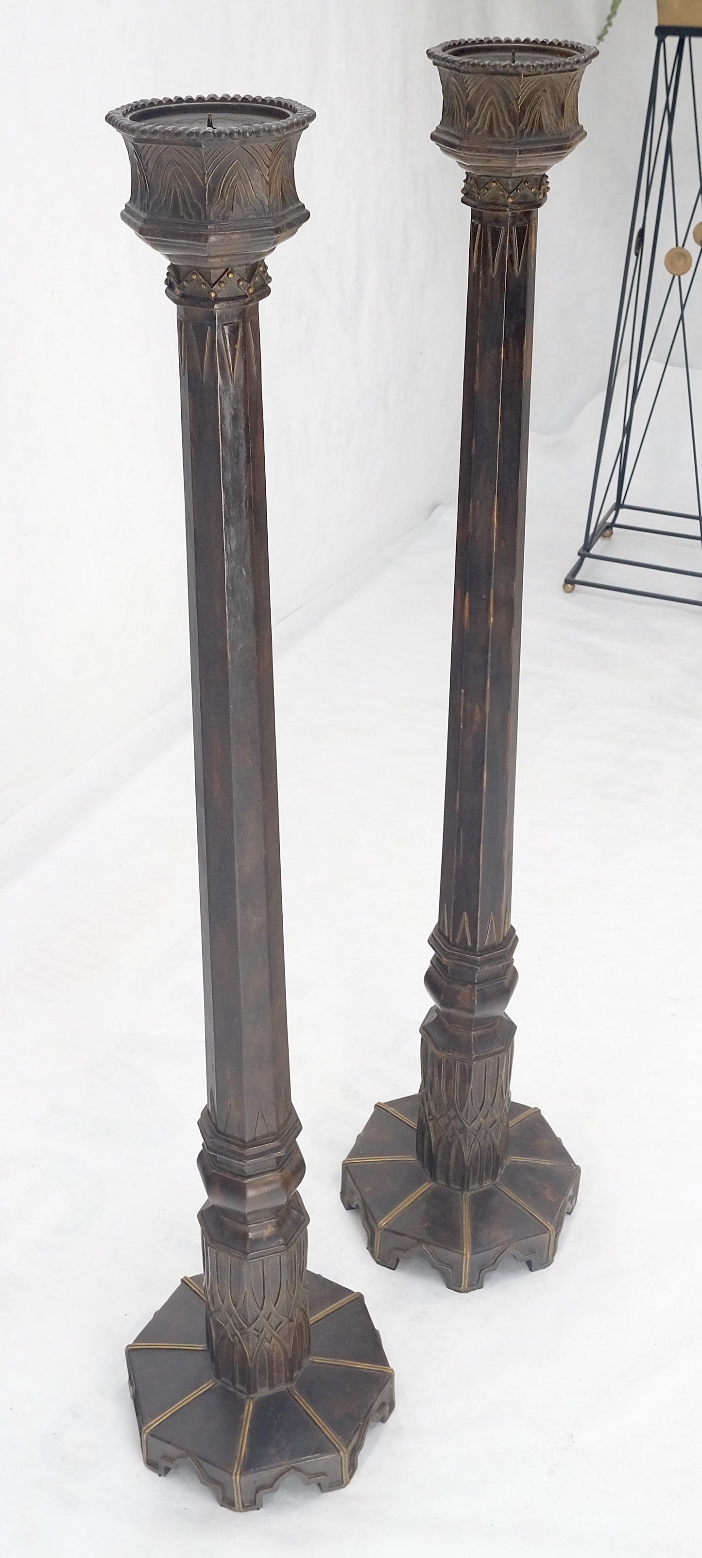 Pair of Large 49" Tall Patinated Copper Art Deco Floor Candlesticks MINT!