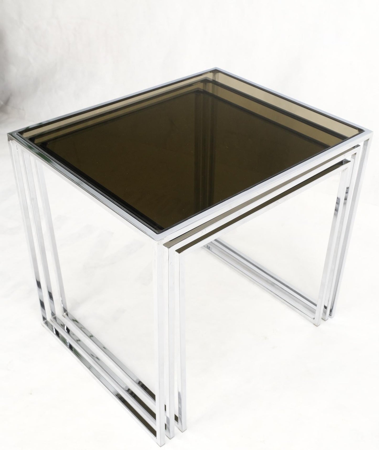 Set of Wide Rectangle Shape Chrome & Smoked Glass Nesting End Side Tables