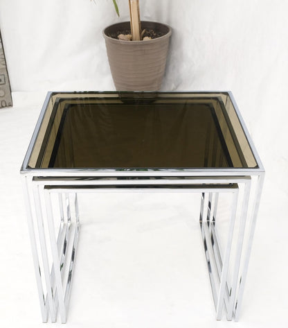 Set of Wide Rectangle Shape Chrome & Smoked Glass Nesting End Side Tables