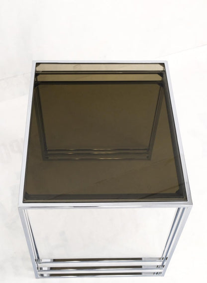 Set of Wide Rectangle Shape Chrome & Smoked Glass Nesting End Side Tables