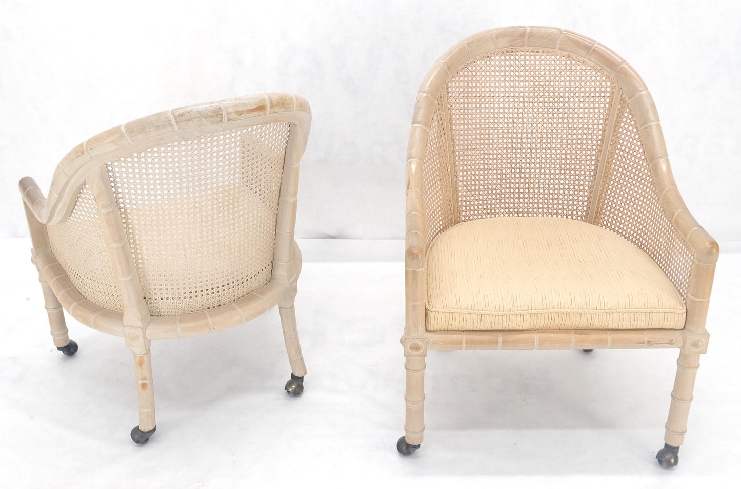 Pair Rounded Barrel Cane Back White Wash Carved Faux Bamboo Lounge Chairs MINT!