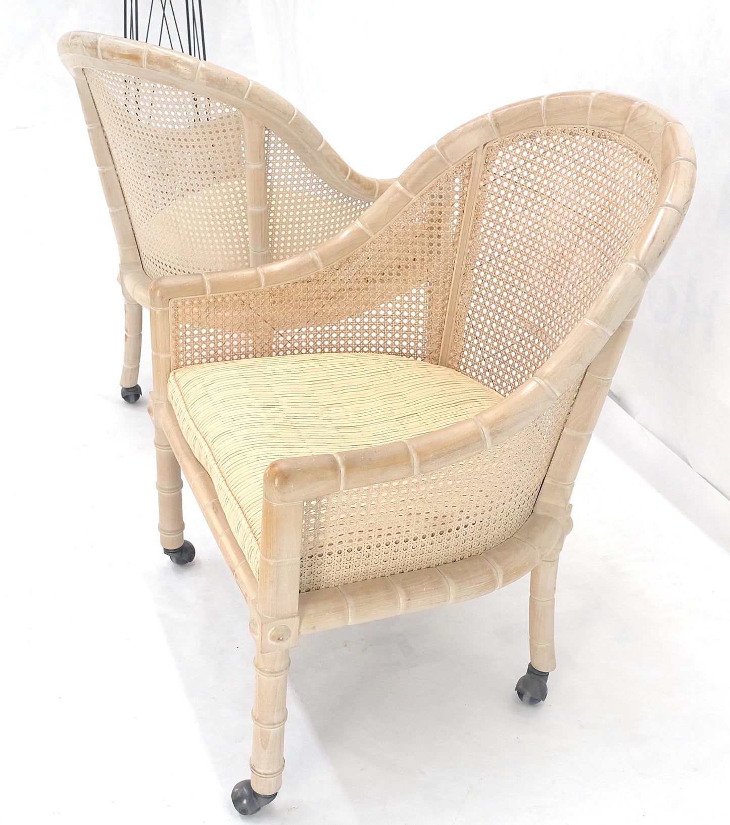 Pair Rounded Barrel Cane Back White Wash Carved Faux Bamboo Lounge Chairs MINT!