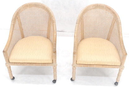 Pair Rounded Barrel Cane Back White Wash Carved Faux Bamboo Lounge Chairs MINT!