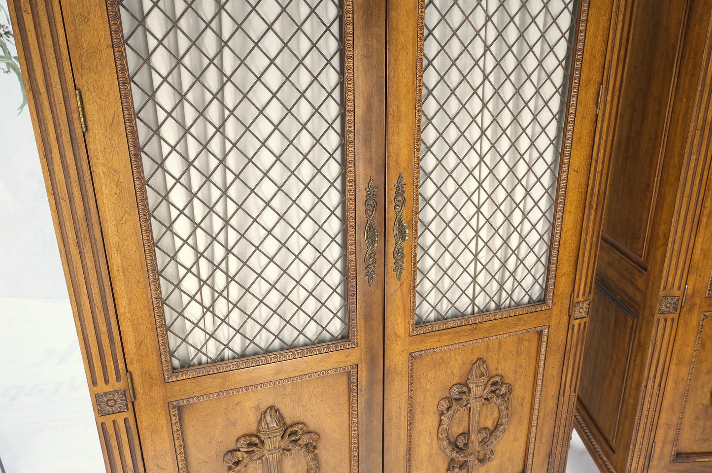 Pair of French Double Brass Lattice Carved Doors Storage Cabinets Dressers MINT!