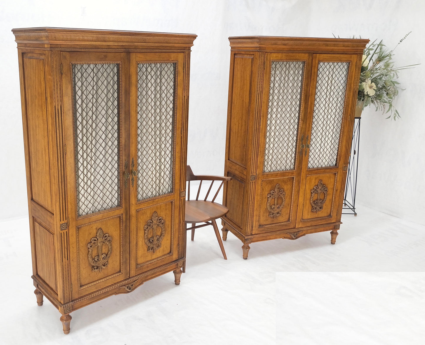 Pair of French Double Brass Lattice Carved Doors Storage Cabinets Dressers MINT!