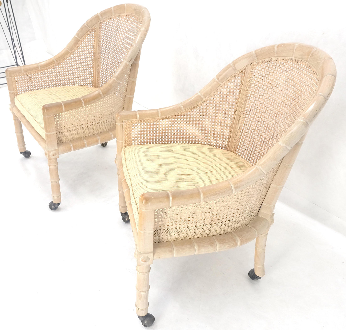 Pair Rounded Barrel Cane Back White Wash Carved Faux Bamboo Lounge Chairs MINT!