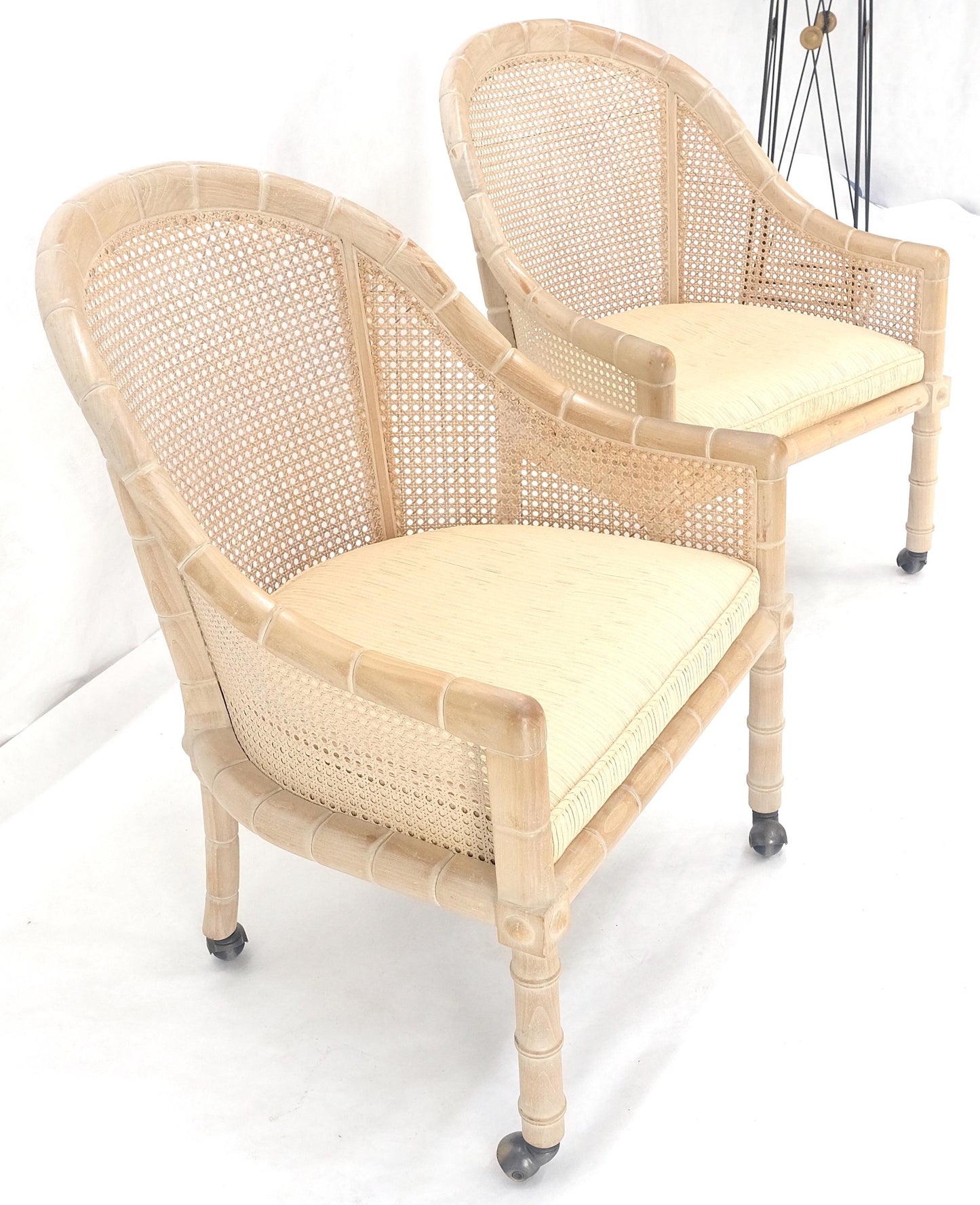 Pair Rounded Barrel Cane Back White Wash Carved Faux Bamboo Lounge Chairs MINT!