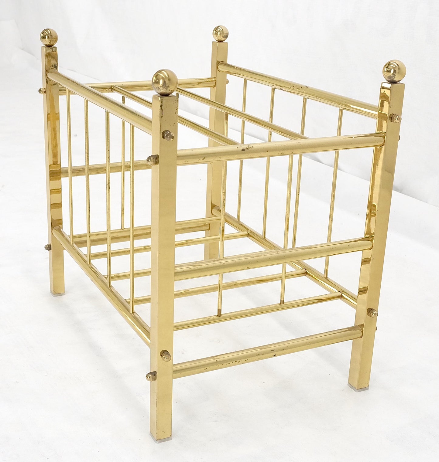 Solid Brass Tube Vintage Mid Century Modern Caddy Magazine Rack Ball Finial MINT